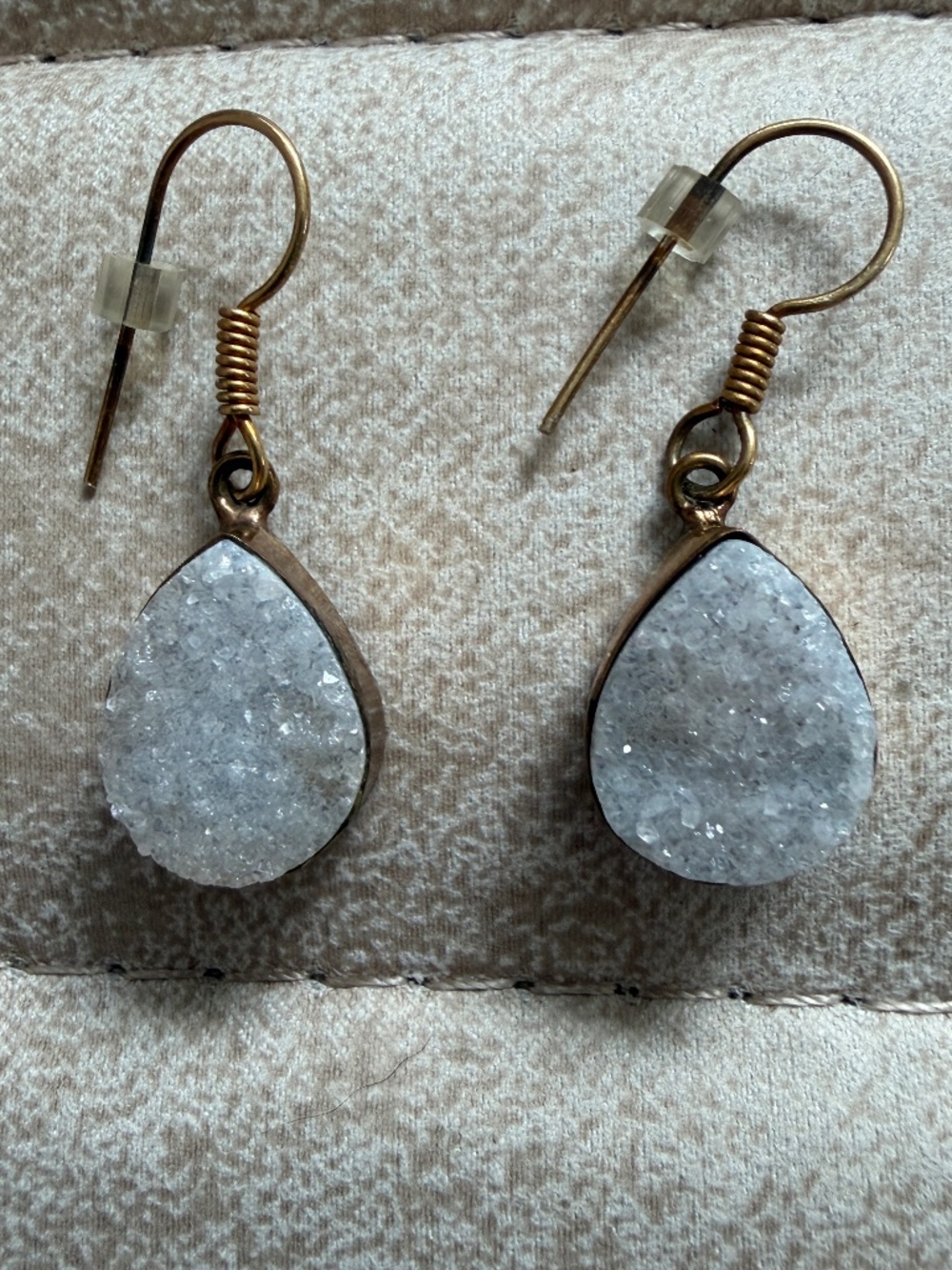 Gold Electroplated White Agate Druzy Teardrop Dangle Earrings Pierced